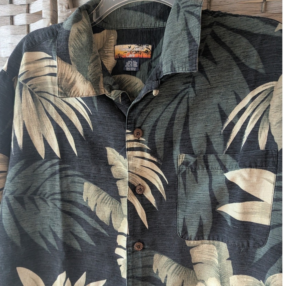 Havana Jacks Cafe Button Up Camp Shirt Black Tropical Floral 100% Silk Mens L
